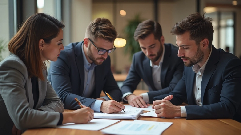 Equipo de trabajo colaborando en reunión de estrategia empresarial