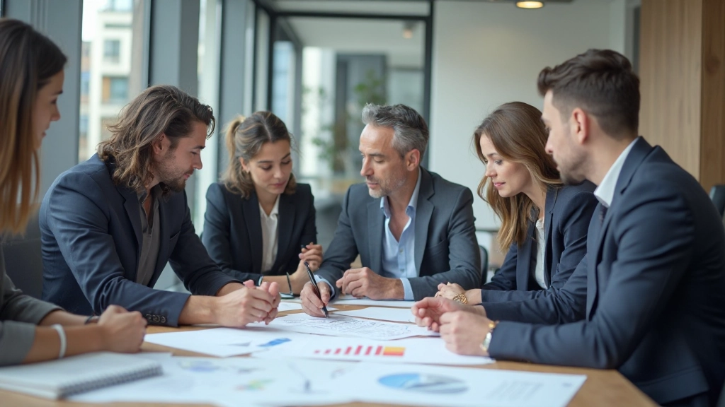 Equipo empresarial en reunión de planificación estratégica con gráficos de análisis de mercado en la pared