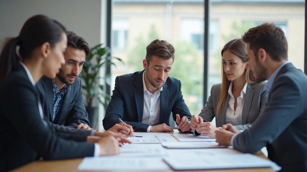 Equipo de negocios discutiendo estrategia de exportación alrededor de mesa con datos de mercados internacionales