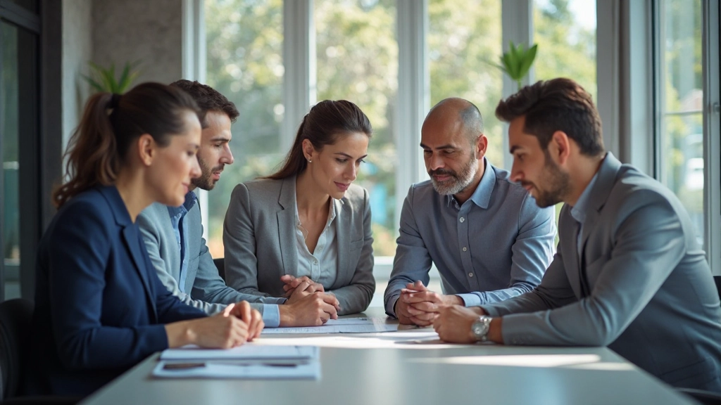 Equipo diverso de profesionales en reunión colaborativa alrededor de mesa moderna en oficina contemporánea