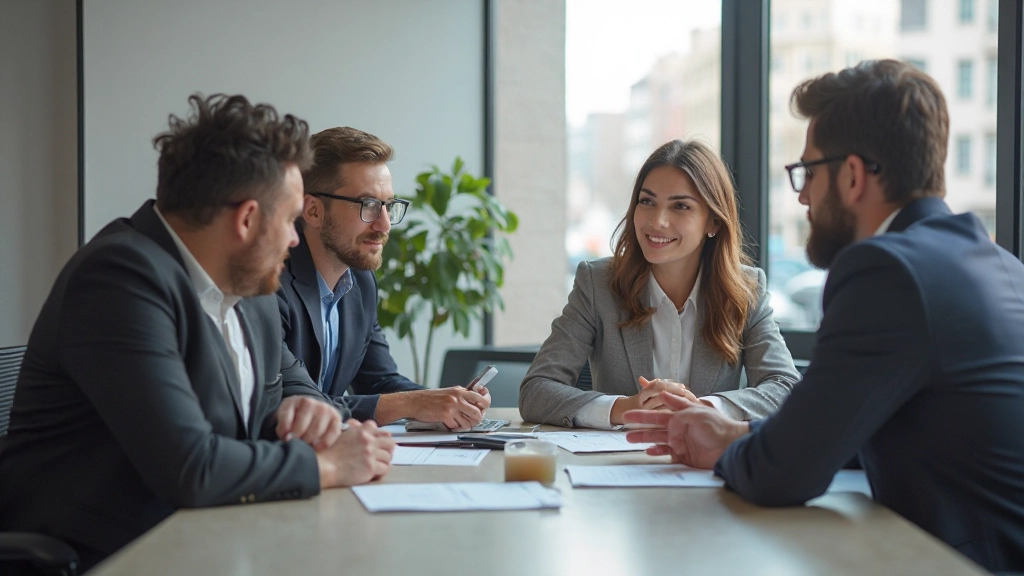 Equipo diverso de profesionales colaborando en reunión estratégica de empresa