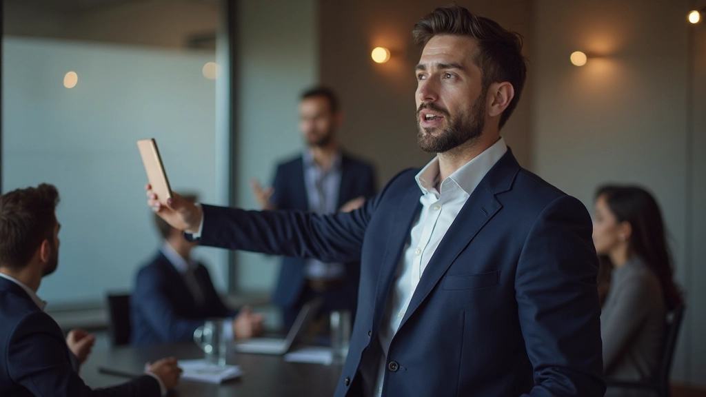 Profesional masculino presentando estrategia digital a equipo en sala de conferencias moderna, gestos profesionales, luz ambiente cálida