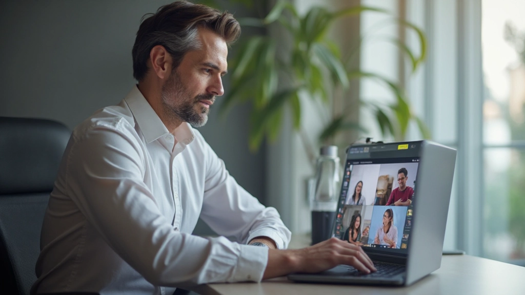 Líder empresario en videollamada con equipo distribuido mostrando liderazgo remoto y digital