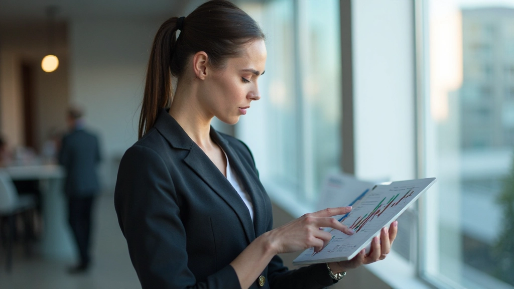 Empresaria analizando gráficos de crecimiento digital en tableta moderna, oficina contemporánea, luz natural