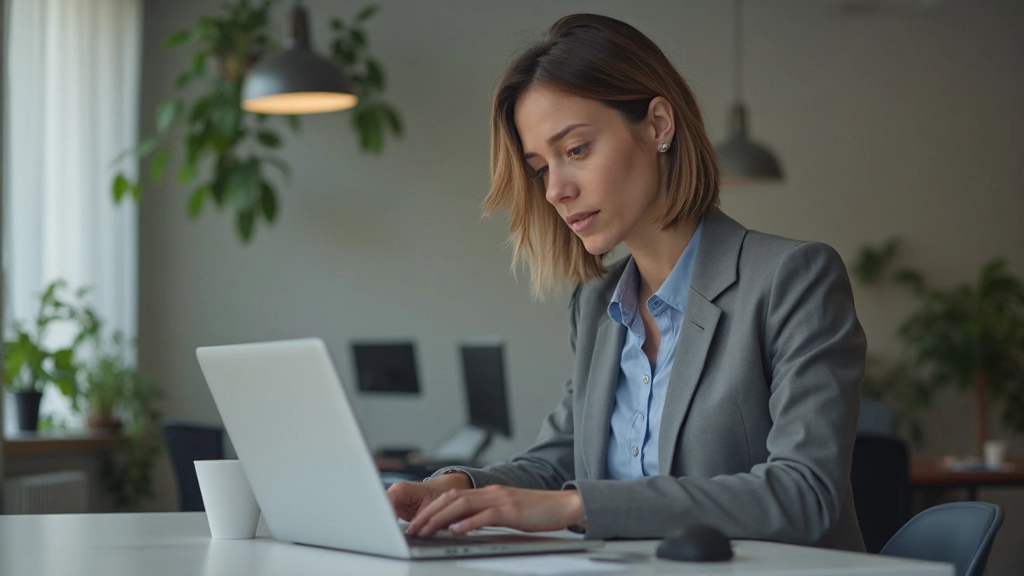 Profesional femenina trabajando en computadora portátil en espacio de trabajo moderno, ambiente profesional contemporáneo