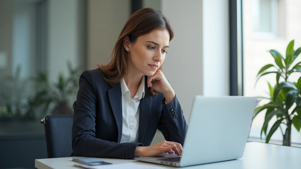 Ejecutiva femenina analizando métricas y datos en pantalla para toma de decisiones estratégica