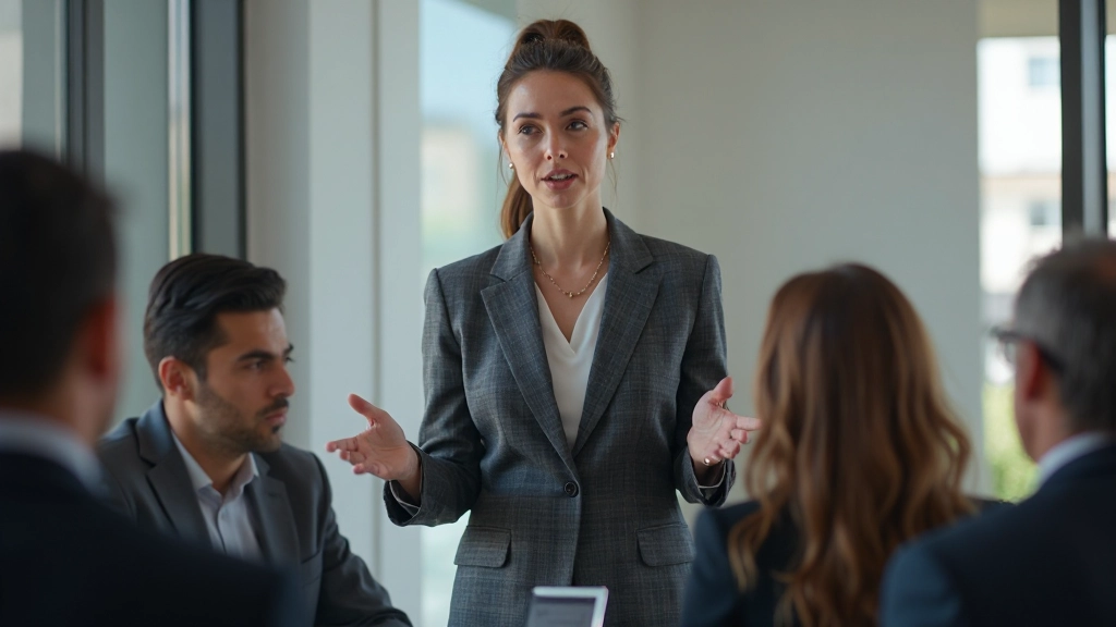 Emprendedora exitosa presentando resultados de expansión internacional ante equipo de negocios en sala de conferencias